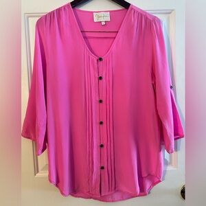 YUMI KIM S Feminine Minimalist Preppy 100% Silk Pink Button Blouse 3/4 Sleeve